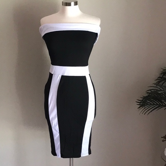 Black Bodycon White Slash Neck Off Shoulder Dress - Picture 7 of 8